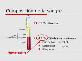Composición de la sangre
 55 % Plasma
 45 % Células sanguíneas
 Eritrocitos > 99 %
 Leucocitos
 Plaquetas
< 1 %
Hematocrito
 