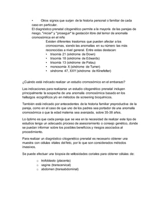 • Otros signos que surjan de la historia personal o familiar de cada
caso en particular.
El diagnóstico prenatal citogenético permite a la mayoría de las parejas de
riesgo, "iniciar" y "proseguir" la gestación libre del temor de anomalía
cromosómica en el niño
Existen diferentes trastornos que pueden afectar a los
cromosomas, siendo las anomalías en su número las más
reconocidas a nivel general. Entre estas destacan:
• trisomía 21 (síndrome de Down)
• trisomía 18 (síndrome de Edwards)
• trisomía 13 (síndrome de Patau)
• monosomía X (síndrome de Turner)
• síndrome 47, XXY (síndrome de Klinefelter)
¿Cuándo está indicado realizar un estudio cromosómico en el embarazo?
Las indicaciones para realizarse un estudio citogenético prenatal incluyen
principalmente la sospecha de una anomalía cromosómica basado en los
hallazgos ecográficos y/o en métodos de screening bioquímicos.
También está indicado por antecedentes de la historia familiar yreproductiva de la
pareja, como en el caso de que uno de los padres sea portador de una anomalía
cromosómica o que la edad materna sea avanzada, sobre 35-38 años.
Lo óptimo es que cada pareja que se vea en la necesidad de realizar este tipo de
estudios tenga un adecuado proceso de asesoramiento o consejo genético, donde
se puedan informar sobre los posibles beneficios y riesgos asociados al
procedimiento.
Para realizar un diagnóstico citogenético prenatal es necesario obtener una
muestra con células vitales del feto, por lo que son considerados métodos
invasivos.
Se puede efectuar una biopsia de vellosidades coriales para obtener células de:
o trofoblasto (placenta)
o vagina (transcervical)
o abdomen (transabdominal)
 