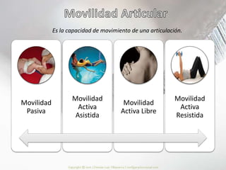 Es la capacidad de movimiento de una articulación.
Movilidad
Pasiva
Movilidad
Activa
Asistida
Movilidad
Activa Libre
Movilidad
Activa
Resistida
 