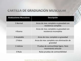 Graduaciones Musculares Descripción
5 Normal Arcos de mov. completo vs gravedad con
resistencia completa
4 Buena
Arcos de mov. completo vs gravedad con
resistencia incompleta
3 Aceptable Arcos de mov. completo vs gravedad
2 Pobre Arcos de mov. completo con eliminación de
gravedad
1 Indicios Pruebas de contractilidad ligera. Nulo
movimiento articular
0 Nula Nulas pruebas de contractibilidad
 