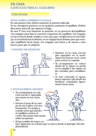 EN CASA
EJERCICIOS PARA EL EQUILIBRIO

CON AYUDA

(Si hay temblor o debilidad en el tronco)
En una primera fase debéis mantener la postura indicada.
Se os corregirá la postura y se os ayudará a mantener el equilibrio. Debéis
descansar antes de que aparezca fatiga.
En una 2ª fase tras mantener la posición, se os provocan desequilibrios
con empujes para buscar vuestras respuestas de equilibrio. Los empujes
se hacen hacia donde tendáis a caer, para que corrijáis hacia el otro lado.
(ej: si os inclináis hacia delante, se os empuja hacia delante para que voso-
tros equilibréis hacia atrás). Los empujes son lentos y de menos a más
fuerza, para que os adaptéis.

1.SENTADO SIN RESPALDO
                                             Siéntate en la cama con los
                                             pies apoyados en el suelo.
                                             Apoya los brazos en la cama
                                             para estirar la espalda.
                                             Tu acompañante se coloca
                                             detrás de ti. Apoya su pecho
                                             en tu espalda y las manos en
                                             los costados para estabilizar-
                                             te.
                                             Te irán retirando el apoyo,
                                             hasta sujetarte sólo desde los
                                             hombros, rotándolos ligera-
                                             mente hacia atrás.

2. DESEQUILIBRIOS SENTADO
     Tu acompañante se colo-
     cará tras de ti. Apoyando
     sus manos en tus costa-
     dos.
     Llevará el peso de tu cuer-
     po de una cadera a la otra
     lentamente. Tú ayudas y
     cuando notes que pierdes
     el equilibrio vuelves al
     centro. Tus manos descansan
     sobre tus piernas
     Si hay temblor de tronco, se
     hace igual pero tu evitarás que te mueva desde el principio. Sin des-
     plazamiento.
  22
 