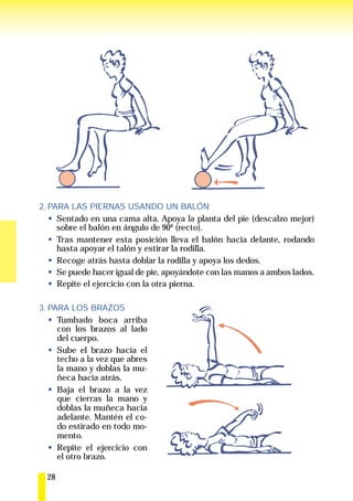 2. PARA LAS PIERNAS USANDO UN BALÓN
     Sentado en una cama alta. Apoya la planta del pie (descalzo mejor)
     sobre el balón en ángulo de 90º (recto).
     Tras mantener esta posición lleva el balón hacia delante, rodando
     hasta apoyar el talón y estirar la rodilla.
     Recoge atrás hasta doblar la rodilla y apoya los dedos.
     Se puede hacer igual de pie, apoyándote con las manos a ambos lados.
     Repite el ejercicio con la otra pierna.

3. PARA LOS BRAZOS
     Tumbado boca arriba
     con los brazos al lado
     del cuerpo.
     Sube el brazo hacia el
     techo a la vez que abres
     la mano y doblas la mu-
     ñeca hacia atrás.
     Baja el brazo a la vez
     que cierras la mano y
     doblas la muñeca hacia
     adelante. Mantén el co-
     do estirado en todo mo-
     mento.
     Repite el ejercicio con
     el otro brazo.

  28
 