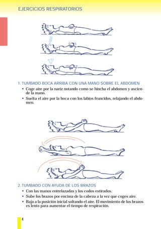 EJERCICIOS RESPIRATORIOS




1. TUMBADO BOCA ARRIBA CON UNA MANO SOBRE EL ABDOMEN
     Coge aire por la nariz notando como se hincha el abdomen y ascien-
     de la mano.
     Suelta el aire por la boca con los labios fruncidos, relajando el abdo-
     men.




2. TUMBADO CON AYUDA DE LOS BRAZOS
     Con las manos entrelazadas y los codos estirados.
     Sube los brazos por encima de la cabeza a la vez que coges aire.
     Baja a la posición inicial soltando el aire. El movimiento de los brazos
     es lento para aumentar el tiempo de respiración.


  4
 