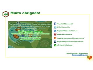 Muito obrigado!
Luciano Holanda de Menezes
lhmenezes@live.com
MiopatiaMitocondrial
@MioMitocondrial
MiopatiaMitocondrial.com.br
Miopatia Mitocondrial
MiopatiaMitocondrial.blogspot.com.br
MiopatiaMitocondrial.wordpress.com
aMMigos@WhatsApp
 
