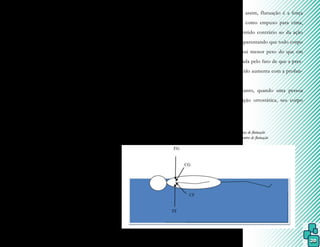 20
3.1.2 Flutuação
O princípio de Arquimedes afirma
que todo corpo que esteja submerso com-
pletamente ou parte dele em um fluido em
repouso experimenta um empuxo vertical, e
para cima, igual ao peso de fluido deslocado.
Portanto, esse princípio estabelece que
um corpo, quando submerso na água (ou flui-
do), sofre uma força de empuxo igual ao peso
do líquido que ele deslocou, isto é, a força de
flutuação é igual ao peso do líquido deslocado.
Se o corpo imerso tiver densidade
menor do que 1,0, ele flutuará, pois o peso
do corpo é menor do que o volume de água
deslocado; ao contrário, se o corpo possuir
densidade maior que 1,0 ele afundará; e cor-
pos com densidade relativa igual a 1,0 flutu-
am logo abaixo da superfície da água.
Considerando que um adulto possui
densidade relativa em torno de 0,97, flutuará
com 97% dele submerso.
O centro de gravidade (CG) e o centro
de flutuação (CF) são as duas forças que deter-
minam o torque da flutuabilidade de um corpo.
O primeiro (CG) é o ponto em
torno do qual a massa corporal é distribuí-
da igualmente em todas as direções e, no
homem em posição anatômica, é localizado
posteriormente ao plano sagital mediano, ao
nível da segunda vértebra lombar (L2).
O centro de flutuação (CF) é o pon-
to ao redor do qual a flutuação está distribuí-
da de maneira uniforme, e geralmente, locali-
za-se no meio do tórax.
Figura 1.
Sendo assim, flutuação é a força
experimentada como empuxo para cima,
atuando em sentido contrário ao da ação
da gravidade, aparentando que todo corpo
submerso possui menor peso do que em
terra. É originada pelo fato de que a pres-
são de um líquido aumenta com a profun-
didade.
Entretanto, quando uma pessoa
assume a posição ortostática, seu corpo
Corpo flutuando em equilíbrio. Fonte: a autora
FG = força da gravidade, FF = força de flutuação
CG = centro de gravidade, CF = centro de flutuação
 