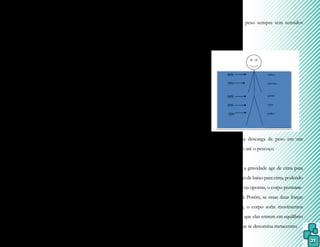 21
tende a retornar à posição horizontal ao
nível da água, com as pernas deslocando-se
à direção da superfície e o tronco para trás.
A flutuação pode proporcionar dife-
rentes efeitos utilizados na Fisioterapia Aquá-
tica, como:
- auxílio ao movimento, em que o segmento
a ser tratado é deslocado da posição perpen-
dicular à superfície da água para a posição
horizontal - movido na mesma direção do
empuxo;
- resistência ao movimento, em que o seg-
mento a ser tratado é deslocado da posição
horizontal à superfície da água para a posição
perpendicular - movido em direção oposta ao
empuxo;
- suporte ao movimento, em que o corpo
permanece na superfície e os movimentos
são horizontais, sendo que a força do em-
puxo é igual à da gravidade – podem ser
utilizados flutuadores ou o suporte do te-
rapeuta.
A força do empuxo proporciona
uma grande vantagem para a Fisioterapia
Aquática, que é a redução do peso/suporte e,
com isso, tratamentos que exigem reeducação
da marcha podem ser iniciados mais cedo.
Para Carregaro e Toledo (2008, pg
24), “a flutuação determina a porcentagem
de descarga de peso corporal, que varia con-
forme a profundidade na qual o indivíduo se
encontra”. Essa redução do peso/suporte de
um corpo parcial ou totalmente submerso é
dada pela força do empuxo para cima, que
é igual ao peso do líquido deslocado e é di-
ferente conforme o nível de imersão, o que
pode ser usado como graduação de dificulda-
de em determinados exercícios.
Duarte (2004, pg 22) cita que
“para um corpo para a força total que atua
sobre ele é o peso do corpo menos a força
empuxo. O resultado dessa diferença pode
ser chamado de peso aparente do corpo e
é um valor menor que peso do corpo por-
Porcentagem da descarga de peso em um
corpo submerso até o pescoço.
Fonte: a autora.
Como a gravidade age de cima para
baixo e o empuxo de baixo para cima, podendo
ser forças iguais ou opostas, o corpo permane-
ce em equilíbrio. Porém, se essas duas forças
forem desiguais, o corpo sofre movimentos
rotacionais para que elas entrem em equilíbrio
novamente, o que se denomina metacentro.
que empuxo e peso sempre tem sentidos
opostos”.
Figura 2.
 