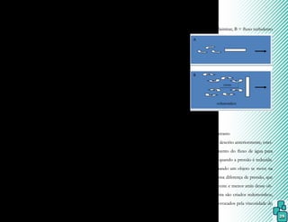 25
componentes, as energias cinética, potencial
e de pressão.
Conforme a movimentação feita em
ambiente líquido, o fluxo criado terá caracte-
rísticas diferentes.
Na Fisioterapia Aquática podem-se
distinguir dois tipos de fluxo da água:
- fluxo laminar (alinhado): que acon-
tece quando o movimento da água é contínuo
e ocorre quando a movimentação é feita de
maneira regular (em linha reta), onde o atri-
to entre as camadas líquidas é pequeno e elas
separam-se logo após a passagem do corpo
(ou objeto), mas unem-se em seguida;
- fluxo turbulento (desalinhado): que
acontece quando o corpo (ou objeto) está per-
pendicular ao nível da água e a movimentação
ocorre de forma irregular, onde as camadas lí-
quidas podem estar em direções opostas, o que é
denominado redemoinho. Com esses redemoi-
nhos, são formadas zonas de baixa pressão (es-
teiras), as quais impulsionam o corpo para trás.
Geralmente os fluxos laminares são
lentos, mas possuem velocidade maior que
os fluxos turbulentos, porém a resistência é
menor.
Em outras palavras, o fluxo laminar
é alinhado e contínuo, e a velocidade perma-
nece constante dentro de uma corrente líqui-
da, com suas camadas deslizando uma sobre
as outras, sendo que as mais externas perma-
necem estáveis em relação às internas, que se
movem com maior rapidez. Já o fluxo turbu-
lento é desalinhado e descontínuo e provo-
ca um movimento irregular pelo fato de sua
velocidade ultrapassar uma velocidade crítica.
No fluxo laminar, a resistência de
fricção é diretamente proporcional à velo-
cidade, enquanto que no fluxo turbulento é
maior, ou seja, é diretamente proporcional ao
quadrado da velocidade. Portanto a manuten-
ção do equilíbrio ou o deslocamento em meio
líquido dá-se mais facilmente quando em flu-
xo laminar.
Figura 6.
A = fluxo laminar, B = fluxo turbulento
Fluxo.
Fonte: a autora.
3.2.2 Força de arrasto
Como descrito anteriormente, estei-
ra é o deslocamento do fluxo de água para
dentro da água quando a pressão é reduzida.
Isto porque, quando um objeto se move na
água, é criada uma diferença de pressão, que
fica maior na frente e menor atrás desse ob-
jeto. Nessa esteira são criados redemoinhos,
os quais são provocados pela viscosidade do
 