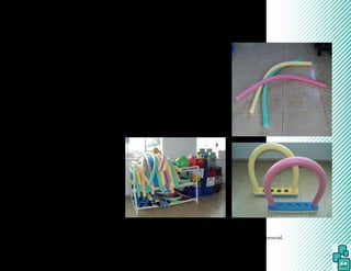 64
Materiais acústicos devem ser utili-
zados na construção dos ambientes para que
os ruídos não se tornem excessivos e provo-
quem situações de ansiedade ou tensão nos
pacientes, principalmente quando a terapia é
realizada em grupo.
A Associação Brasileira de Normas
e Técnicas referentes à construção de pisci-
nas que dispõem a normatização de piscinas
são: NBR 5410 (Instalações Elétricas de Bai-
xa Tensão), NBR 9816 (Piscina – Terminolo-
gia), NBR 9818 (Projeto e Execução de Pisci-
na – tanque e área circundante), NBR 9819 (
Piscina – classificação), NBR 10339 (Projeto
e Execução de Piscina – sistema de recircu-
lação e tratamento), NBR 10818 (Qualidade
de Água de Piscina), NBR 10819 (Projeto e
Execução de Piscina – casa de máquinas, ves-
tiários e banheiros), NBR 11238 ( (Segurança
e Higiene em Piscinas) e NBR 11239 (Projeto
e Execução de Piscina – equipamentos para a
borda do tanque).
Além dos equipamentos adicionais
de segurança, os hidroterapêuticos são neces-
sários para auxiliar na execução das técnicas
de fisioterapia aquática e são facilmente en-
contrados em lojas especializadas.
Exemplos de materiais (equipamen-
tos) hidroterapêuticos:
Foto 5.
Fotos 6 e 7.
Materiais diversos.
Fonte: arquivo pessoal.
Aquatubes.
Fonte: arquivo pessoal.
 