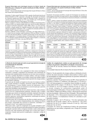 Rev. SOCERJ Vol.16 (Suplemento A) Julho 2003143
432 433
434 435
Proposta fisioterápica para abordagem intensiva do Infarto Agudo do
Miocárdio, para o subgrupo III, segundo classificação de Killip e Kimball.
Leonardo C de Souza.
Fisiocor – Serviço Especializado de Fisioterapia São Gonçalo RJ Brasil e Clínica
São Gonçalo São Gonçalo RJ Brasil.
Introdução: O edema agudo Pulmonar (EAP), segundo classificação descrita por
Killip & Kimball em 1967, representa o sub grupo III, decorrentes da disfunção
do ventrículo esquerdo pós Infarto Agudo do Miocárdio (IAM), e baseado nos
conceitos descritos por Forrester em 1977, que considera que o EAP apresenta
pressão de capilar pulmonar (Pcap) superior a 40 mmHg .
Objetivo: O objetivo e otimizar a aplicabilidade da ventilação com pressão positiva
continua (CPAP), nas respostas agudas deste caso, através da análise diferencial
do impacto da Pressão intratorácica média (PMI), abaixo e ao nível da Pcap,
avaliando a redução gradual da congestão pulmonar, pela análise subjetiva da
redução da freqüência respiratória ( FR ) e a melhora da saturação periférica de
oxigênio (SpO2) , durante a utilização do CPAP.
Pacientes e Métodos: Foram analisados 12 pacientes, com idade média de 63 ±
5,2, sendo 03 do sexo feminino, onde 06 utilizaram CPAPcom PMI de 12 cmH2O,
e os outros 06 utilizaram PMI de 32 cmH2O, monitorizados em dois intervalos de
tempos seqüenciais: os 10 minutos iniciais e 30 minutos finais, com a cabeceira a
45°. Foi utilizado o monitor Dixtal DX 2010, para valores de SpO2, e o sistema de
Downs, ajustados à 115 L/min., com uma FIO2 de 40%.
Resultados:
PIM/min. FR TESTE t SpO2 TESTE t
P12/10 33± 5,5 NS 82± 3,5 NS
P32/10 26± 3,5 p<0,05 95± 0,8 p<0,05
P12/30 29± 5,9 p<0,05 88± 6,1 p<0,05
P32/30 23± 3,3 p<0,05 97± 1,3 p<0,05
Conclusão: Os resultados preliminares, confirmam a indispensável utilização do
CPAPna atualidade com PIM ao nível da Pcap, porém a titulação pressórica abaixo
do nível da Pcap, não possibilitaram uma remissão clinica significativa em curto
período de tempo, evidenciando as melhoras clínica ao longo dos 30 minutos,
possivelmente devido a utilização de diuréticos de alça, que favorecem a otimização
do CPAP em níveis pressóricos baixos.
Proposta fisioterápica para abordagem intensiva do InfartoAgudo do Miocárdio,
para os subgrupos I e II, segundo classificação de Killip e Kimball.
Leonardo C de Souza.
Fisiocor – Serviço Especializado de Fisioterapia São Gonçalo RJ Brasil e Clínica São
Gonçalo São Gonçalo RJ Brasil.
Introdução: Esta pesquisa possibilita a atuação do Fisioterapeuta nos episódios de
infarto agudo do miocárdio em terapia intensiva, onde na atualidade, ele é considerado
um membro da equipe e como tal participa ativamente das atribuições e cientificidade
do setor.
Objetivo: analisar o impacto da insuflação sustentada, para a redução da freqüência
cardíaca (FC), em função da estimulação parasimpática (vagotonia), através do alcance
nas fases 1 e 2 de valsalva, e o aumento da saturação de oxigênio periférico (SpO2),
para um menor consumo metabólico do miocárdio, com otimização da relação V/Q.
Pacientes e Métodos: Foram avaliados 15 pacientes, sendo 07 do sexo feminino,
onde 08 destes utilizaram Sustentação Máxima Inspiratória (SMI), com idade média
63,4 ± 7,2 e os 07 restantes, utilizaram Respiração Pressão Positiva Intermitente (RPPI),
com idade média 67,7 ± 7,5. Os pacientes submetidos a SMI e RPPI, durante o seu
uso não utilizaram suplemento adicional de oxigênio, e permaneceram utilizando o
recurso durante aproximadamente 10 minutos, com sustentação média da inspiração
de 04 segundos, na posição Fowler (45°), os pacientes submetidos à RPPI, utilizaram
o recurso com máscara facial siliconizada, e classificados por Killip e Kimball em
1967, como subgrupo I e II, respectivamente. Foi utilizado o monitor multiparâmetros
da Dixtal DX 2010, para valores simultâneos de freqüência cardíaca (FC) e Saturação
periférica de oxigênio (SpO2), antes e durante os ensaios terapêuticos.
Resultados:
Técnica FCantes FCduran SpO2 a SpO2 d Teste t
SMI 77±13,5 65±8,5 95±1,6 96±0,7 p<0,005
RPPI 103±15 90±13,8 88±7,9 96±3,7 p<0,005
Conclusão: Este estudo preliminar mostrou valores significativos, através da hipótese
alternativa de redução do consumo de oxigênio pelo miocárdio, através da redução
da FC, pela manobra vagal de inspiração sustentada, e melhora da oferta de oxigênio,
para as classes I e II de Killip e Kimball. Este estudo, não substitui as ações terapêuticas
atuais, mas pode ser futuramente uma alternativa para iniciar a estratégia, ou utiliza-
lá em pacientes limitados e/ou contra indicados aos métodos já consagrados.
A eficácia da cinesioterapia preventiva no pré-operatório de cirurgia de
revascularização do miocárdio.
Caroline S. Mello.
Hospital São Lucas Nova Friburgo RJ Brasil.
Com o passar do Tempo e com a aquisição de vários meios tecnológicos
começamos a entender a importância da fisioterapia como instrumento de
soma para total restabelecimento do paciente em seu meio sócio-econômico.
Em meio a grandes descobertas na cirurgia cardíaca, como por exemplo,
redução de tempo de entubação, novas drogas, notamos que medidas simples
como o acompanhamento fisioterápico do pré-operatório de cirurgia cardíaca
de IAM fazem a diferença.
O paciente que dá entrada no hospital um dia antes da cirurgia já conhece
toda a equipe incluindo os cirurgiões, anestesista, equipe de enfermagem e
nós fisioterapeutas. O nosso trabalho consiste em explicarmos o que é
fisioterapia, sua importância e já realizamos os exercícios para que o paciente
tenha maior facilidade no pós-operatório.
Grande parte dos pacientes são de nível cultural mais baixo, onde avaliamos
possível nível de comprometimento pulmonar, realizamos toda a conduta
fisioterápica que consiste em inspirações sustentadas, inspirações fracionadas,
expirações em três tempos, respiração associada a movimentos com os
membros superiores, incentivadores respiratórios, mobilização de membros
inferiores(bomba de panturrilha).
O próximo passo são as orientações que são feitas ao próprio paciente e sua
família, como tipo de incisão cirúrgica(mediana), dor, mudança de hábitos
pós-cirurgia, continuidade dos exercícios no domicílio, caminhada e o “
ensinamos a tossir” com a ajuda de um travesseiro.
Observamos então, a partir da comparação de um grupo orientado no pré-
operatório e outro que não passou pela apresentação da conduta fisioterápica,
que quando o paciente realiza a cirurgia já orientado e sendo conhecedor dos
exercícios que serão propostos pós-cirurgia este se torna mais seguro e
cooperante, evitando assim possível complicações e reduzindo o tempo de
internação.
Análise da complacência estática no pós-operatório de cirurgia
cardíaca em pacientes submetidos à circulação extracorporea.
João Carlos M. de Azevedo, Vanessa Cruz Monteiro, Juliana Flávia de
Oliveira.
Universidade Federal do Rio de Janeiro Rio de Janeiro RJ Brasil.
Objetivo: No pós-operatório de cirurgia cardíaca as disfunções alveolo-
arteriais são muito marcantes. O objetivo desta analise é verificar o grau
de anormalidade da complacência pulmonar nos pacientes submetidos à
Circulação Extracorporea.
Materiais e métodos: No período de março de 2001, foram analisados 22
pacientes (11 homens e 11 mulheres), com idade entre 17 a 79 anos (µ =
49,6 ) de forma prospectiva, os pacientes foram divididos de acordo o
tempo médio de CEC. Grupo 1: 0 a 90 min. (n =10) 45,4 %; Grupo 2: de
91 a 120 min. (n = 6) 27,3% e Grupo 3: acima de 121 min. (n = 6) 27,3%.
A incisão cirúrgica foi esternotomia longitudinal sendo (8
Revascularizações do Miocárdio, 4 Trocas de Valva Aórtica, 4 Trocas de
Valva Mitral, 2 Dupla Troca Mitral e Aortica, 1 Ressecção de Aneurisma
deAortaAscendente, 1 Retroca de Valva Tricúspide, 1 Revascularização
do Miocárdio + CIV e 1 Ressecção deAneurismaAorto-torácico + Troca
de Valva Aórtica). A Complacência Estática foi calculada no pós-
operatório imediato.
Resultado: O grupo 1: de 0 a 90 min (µ = 73,5 min.) apresentou uma
média da C.Est. de 41,04; o grupo 2: de 91 a 120 min (µ = 107,2 min.)
média da C.Est. de 47,13 e o grupo 3 acima de 121 min. (µ = 209,2 min)
média da C.Est. de 36,56 .
Conclusão: Os valores da Complacência Estática não apresentaram
significância em suas médias, comparados com o Tempo de Circulação
Extracorpórea.
 