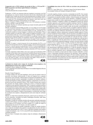 Rev. SOCERJ Vol.16 (Suplemento A)Julho 2003 144
436 437
438
Comparação entre a CPAP realizada com gerador de fluxo e a VNI com PSV +
PEEP em pacientes com Edema Agudo Pulmonar Cardiogênico.
Vinicius C. Coca.
Clínica São Bernardo Rio de Janeiro RJ Brasil.
Fundamento: A CPAP é um importante adjuvante terapêutico em pacientes com EAP,
principalmente em virtude do aumento da pressão intra-alveolar, redistribuindo então
de melhor forma o liquido que porventura esteja patologicamente invadindo o alvéolo.
ACPAP realizada com o auxilio de um gerador de fluxo vem se demonstrando cada vez
mais comum nos CTIs, principalmente pelo fácil manuseio e pelo baixo custo, mas
poucos trabalhos demonstram estatisticamente sua real eficácia.
Objetivo: Comparar a CPAP via gerador de fluxo com a VNI realizada no ventilador
mecânico, utilizado o modo PSV+PEEP.
População: Pacientes em ventilação espontânea que estejam iniciando quadro de EAP
de origem cardiogênica.
Métodos: Os pacientes foram divididos em grupo 1 (n=12) e grupo 2 (n=14). No grupo
1, os pacientes foram submetidos a CPAP via gerador de fluxo. O fluxo foi mensurado
de modo que o volume corrente do paciente atingisse 0,8 l/kg, verificado por um
ventilometro acoplado ao circuito. No grupo 2, os pacientes eram submetidos a VNI no
ventilador mecânico em modo PSV+PEEP. A peep foi titulada em 6cmH2O, e a PSV
foi mensurada de modo que o VC do paciente atingisse 0,8 l/kg, e limitado para que a
pressão de pico ficasse sempre inferior a 30 cmH2O. Foi considerado “sucesso” aquele
paciente em que a IOT foi evitada. Foi considerado “insucesso” aquele paciente que foi
submetido a IOT antes de três horas a partir do inicio do quadro. Foram excluídos do
estudo os pacientes que foram submetidos a IOT por motivos distintos ao edema agudo
de pulmão.
Resultados: No grupo 1 a taxa de insucesso foi de cinco pacientes (41,67%) e a de
sucesso foi de sete pacientes (58,33%), enquanto no grupo 2, esta taxa foi de três pacientes
(21,42%), e a taxa de sucesso de onze pacientes (78,58%) .A taxa de mortalidade dos
pacientes que foram submetidos a IOT no grupo 1 foi de um paciente (20%) enquanto
que no grupo 2, a taxa de mortalidade dos pacientes submetidos a IOT foi de 2 pacientes
(66,67%).
Conclusão:Analisando os dados obtidos, nota-se que o grupo que foi submetido a CPAP
via gerador de fluxo obteve uma taxa de insucesso consideravelmente mais elevada que
o grupo submetido a VNI pelo ventilador mecânico, sugerindo que a eficácia do VNI
via ventilador é superior a da CPAP de fluxo. Quanto a taxa de mortalidade, esta, apesar
de ter sido maior no grupo 2, este fato não parece estar ligado a forma com que os
mesmo foram ventilados antes da serem submetidos a IOT.
Variabilidade dos níveis de PAS e PAD em exercícios com predomínio de
MMSS.
Milton J.C. Lage, Fábio de S. L. Antonucci, Karen Frick de Queiroz Muniz.
Universidade Católica de Petrópolis Petrópolis RJ Brasil.
A pressão sangüínea, durante o exercício, é aumentada em até 30%. Esta variação
provoca uma vasodilatação das arteríolas para facilitação do fluxo, tendo como
consequência um aumento do débito cardíaco, volume de ejeção e pressão arterial
sistólica, e diminuição da pressão arterial diastólica e freqüência cardíaca. A
proposta deste estudo foi avaliar empiricamente as variações de pressão arterial
sistólica, diastólica e freqüência cardíaca em trabalhadores braçais que utilizam
membros superiores, com isometria de membros inferiores. Para tal, foi aferida a
pressão arterial em 16 pedreiros, com idade entre 18 e 55 anos, em seu ambiente
de trabalho durante os turnos da manhã e tarde, não havendo a possibilidade de
quantificação do labor e a que altura estavam os membros superiores durante as
atividades. Foi desenvolvido um questionário sobre hábitos presentes dos elementos
amostrais que poderiam influenciar diretamente nos resultados, tais como, entre
outros, tabagismo, etilismo, sedentarismo e jornada de trabalho superior a 8 horas
por dia. Os pedreiros foram avaliados, antes de iniciarem as atividades no turno da
manhã, por volta das sete horas. O mesmo procedimento de aferição era realizado
durante seu trabalho, ainda no turno da manhã, por volta das dez horas. À tarde, a
primeira aferição foi feita antes de retomarem suas atividades por volta das doze e
trinta e a segunda por volta das quinze horas. Em valores de média aritmética, a
pressão arterial sistólica apresentou pequenas variações crescentes durante a manhã
(130,19 e 131) e a tarde (123,56 e 127,88). O mesmo foi observado na pressão
arterial diastólica (80,56 e 77,75; 73,38 e 72,75) e freqüência cardíaca (70,87 e
65,87; 71,44 e 70,12), porém com valores em decréscimo. Os resultados obtidos
não demonstraram significância estatística (t). A falta de alterações expressivas
pode ser explicado pela complexidade das atividades no ambiente de trabalho ir
além de membros superiores ativos, realizando trabalho isotônico, e membros
inferiores em isometria na maior parte do tempo, de modo a dificultar o retorno
venoso e desencadear alterações pressóricas nos indivíduos. Outra explicação,
pode ser a utilização percentual menor/igual a 25% dos membros superiores, não
havendo assim alterações marcantes no sistema cardiovascular. O presente estudo
deve ser continuado, com profissionais de outras categorias que utilizem atividade
física predominante de membros superiores.
Avaliação da relação entre tempo de circulação extra-corpórea e de
clâmpeamento de aorta com o tempo de entubação.
Fernanda M. Brum, Adalgiza M. Moreno.
Centro Cardiológico Procordis Niterói RJ Brasil e Universidade Salgado de Oliveira
Niterói RJ Brasil.
Desenho: Estudo Prospectivo
A cirurgia cardíaca tem sido uma terapêutica viável, para um número maior de
pacientes com doença cardiovascular. O tubo oro traqueal leva a agitação
psicomotora, pelo incômodo, influenciando nas alterações hemodinâmicas, como
aumento de pressão arterial, aumentando a incidência de arritmias cardíacas,
elevação da frequência cardíaca, podendo aumentar o sangramento excessivo nas
primeiras horas de pós operatório (Sensa, 1998). Estudos mostram que a maioria
dos pacientes de cirurgia cardíaca recebem de 6 horas a 18 horas de suporte
ventilatório no pós operatório (Braunwald, 1996). O tempo de ventilação mecânica
é influenciado por doenças respiratórias prévias, alterações hemodinâmicas, tempo
de circulação extra-corpórea entre outros. Porém na literatura temos comprovação
que determina que o tempo de ventilação mecânica é influenciado pelo tempo de
circulação extra-corpórea. O objetivo desta pesquisa é correlacionar entre tempo
de circulação extra corpórea e clâmpeamento de aorta como tempo de ventilação
mecânica.
Método: no estudo foram analisados 59 paciente, sendo 22 do sexo feminino e 37
do sexo masculino, recrutados na Clínica Cardiológica Procordis, onde foram
submetidos a cirurgia cardíaca.
Resultados: O tempo de ventilação mecânica dos pacientes analisados apresentou
a média de 285 minutos, com desvio padrão 303, a média do tempo de circulação
extra-corpórea foi 89 minutos com desvio padrão 34, a média do tempo de
clâmpeamento de aorta foi 55 minutos, com desvio padrão 23.
Conclusão: Concluimos que quando comparados o tempo de ventição mecânica
com o tempo de circulação extra-corpórea e de clâpeamento de aorta, não houve
correlação, apresentando um r: 0,0371 e um p: 0,780 entre circulação extra-corpórea
e tempo de entubação, e um r: 0,118 e um p:0,858 entre clâmpeamento de aorta e
ventilação mecânica.
Palavras Chave: Circulação extra-corpórea, tempo de entubação, clâmpeamento
de aorta.
 