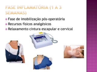 Fase inflamatória (1 a 3 semanas)Fase de imobilização pós-operatóriaRecursos físicos analgésicosRelaxamento cintura escapular e cervical