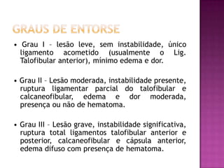 Graus de Entorse• GrauI – lesãoleve, seminstabilidade, únicoligamentoacometido (usualmente o Lig. Talofibular anterior), mínimo edema e dor. • GrauII – Lesãomoderada, instabilidadepresente, rupturaligamentarparcial do talofibular e calcaneofibular, edema e dormoderada, presençaounão de hematoma. • Grau III – Lesão grave, instabilidade significativa, ruptura total ligamentos talofibular anterior e posterior, calcaneofibular e cápsula anterior, edema difuso com presença de hematoma. 