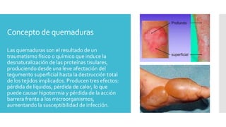 Concepto de quemaduras
Las quemaduras son el resultado de un
traumatismo físico o químico que induce la
desnaturalización de las proteínas tisulares,
produciendo desde una leve afectación del
tegumento superficial hasta la destrucción total
de los tejidos implicados. Producen tres efectos:
pérdida de líquidos, pérdida de calor, lo que
puede causar hipotermia y pérdida de la acción
barrera frente a los microorganismos,
aumentando la susceptibilidad de infección.
 