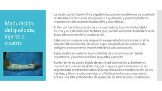 Maduración
del queloide,
injerto o
cicatriz
 La cicatrización hipertrófica y queloidea suponen problemas de aparición
relativamente frecuente en el paciente quemado, y pueden producir
importantes alteraciones funcionales y cosméticas.
 El tiempo hasta la curación de una quemadura, la profundidad de la
misma y su extensión son factores que pueden aumentar la incidencia de
estas alteraciones de la cicatrización.
 Este proceso supone una respuesta exagerada del proceso natural de
curación de una herida, teniendo lugar una producción excesiva de
colágeno y un aumento importante de la vascularización.
 Estas cicatrices suelen ir acompañadas de una contracción tisular
importante, y pueden producir sequedad y prurito.
 Suelen tener su punto álgido de actividad durante los 4-6 primeros
meses tras curación de la herida, por lo que es pertinente realizar un
seguimiento predeterminado tras la epitelización o estabilización de los
injertos; y llevar a cabo medidas profilácticas en los casos en que se
prevea una alta probabilidad de aparición de alteraciones cicatriciales.
 