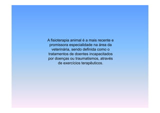 A fisioterapia animal é a mais recente e
 promissora especialidade na á
       i            i lid d     área d
                                     da
   veterinária, sendo definida como o
tratamentos de doentes incapacitados
por doenças ou traumatismos, através
       de exercícios terapêuticos.
 