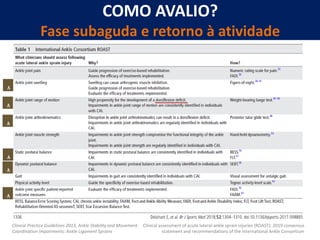 COMO AVALIO?
Fase subaguda e retorno à atividade
Clinical assessment of acute lateral ankle sprain injuries (ROAST): 2019 consensus
statement and recommendations of the International Ankle Consortium
Clinical Practice Guidelines 2013, Ankle Stability and Movement
Coordination Impairments: Ankle Ligament Sprains
 
