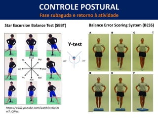 CONTROLE POSTURAL
Fase subaguda e retorno à atividade
https://www.youtube.com/watch?v=UxDb
m7_CWec
Balance Error Scoring System (BESS)
Star Excursion Balance Test (SEBT)
Y-test
 