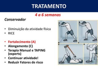 TRATAMENTO
Conservador
• Diminuição da atividade física
• RICE
• Fortalecimento (A)
• Alongamento (C)
• Terapia Manual e TAPING
(experts)
• Continuar atividade!
• Reduzir Fatores de risco
4 a 6 semanas
 