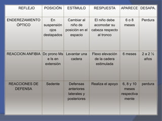 REFLEJO POSICIÓN ESTÍMULO RESPUESTA APARECE DESAPA.
ENDEREZAMIENTO
ÓPTICO
En
suspensión
ojos
destapados
Cambiar al
niño de
posición en el
espacio
El niño debe
acomodar su
cabeza respecto
al tronco
6 o 8
meses
Perdura
REACCION ANFIBIA Dc prono Ms
e Is en
extensión
Levantar una
cadera
Flexo elevación
de la cadera
estimulada
6 meses 2 a 2 ½
años
REACCIONES DE
DEFENSA
Sedente Defensas
anteriores
laterales y
posteriores
Realiza el apoyo 6, 8 y 10
meses
respectiva
mente
perdura
 
