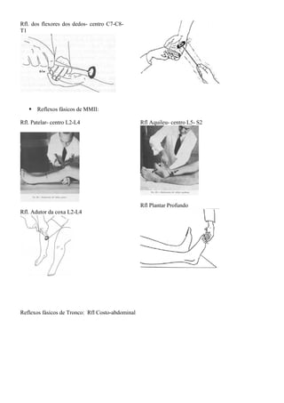 Rfl. dos flexores dos dedos- centro C7-C8-
T1
Reflexos fásicos de MMII:
Rfl. Patelar- centro L2-L4
Rfl. Adutor da coxa L2-L4
Rfl Aquileu- centro L5- S2
Rfl Plantar Profundo
Reflexos fásicos de Tronco: Rfl Costo-abdominal
 