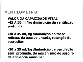 VENTILOMETRIA VALOR DA CAPACIDADE VITAL: 45 A 50 ml/kg diminuição da ventilação profunda 30 a 45 ml/kg diminuição da tosse reflexa, da tose voluntária, retenção de secreções. 30 a 25 ml/kg diminuição da ventilação semi profunda, do mecanismo de suspiro da eficiência muscular. 