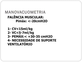 MANOVACUOMETRIA FALÊNCIA MUSCULAR:  Pimáx: <-20cmH2O 1- CV<15ml/kg 2- VC<5-7ml/kg 3- PEMÁX:< +30-35 cmH2O 4- NECESSIDADE DE SUPORTE VENTILATÓRIO 