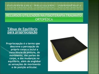 Tábua de Equilíbrio
para propriocepção
Propriocepção é o termo q﻿ue
descreve a percepção do
próprio corpo e inclui a
consciência da postura, do
movimento, das partes do
corpo, e das mudanças no
equilíbrio, além de englobar
as sensações de movimento
e de posição articular.
RECURSOS UTILIZADOS NA FISIOTERAPIA TRAUMATO
ORTOPÉDCA
 