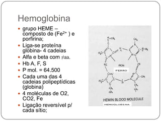 Hemoglobinagrupo HEME – composto de (Fe2+ ) e porfirina;Liga-se proteína globina- 4 cadeiasAlfa e beta com ≠aa.Hb A, F, SP mol. = 64.500Cada uma das 4 cadeias polipeptídicas (globina)4 moléculas de O2, CO2, FeLigação reversível p/ cada sítio;
