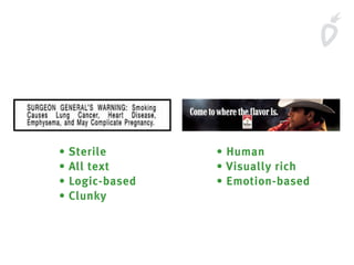 • Sterile
• All text
• Logic-based
• Clunky
• Human
• Visually rich
• Emotion-based
 