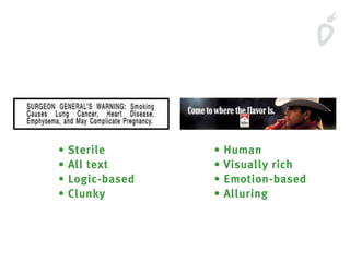 • Sterile
• All text
• Logic-based
• Clunky
• Human
• Visually rich
• Emotion-based
• Alluring
 