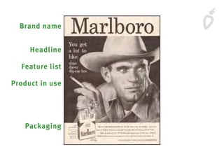 Brand name
Headline
Feature list
Product in use
Packaging
 