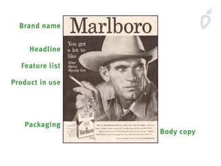 Brand name
Headline
Feature list
Product in use
Packaging
Body copy
 