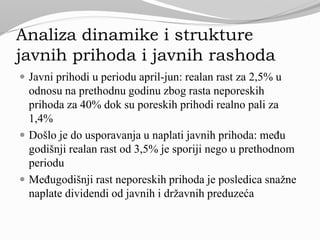 Analiza dinamike i strukture
javnih prihoda i javnih rashoda
 Javni prihodi u periodu april-jun: realan rast za 2,5% u
odnosu na prethodnu godinu zbog rasta neporeskih
prihoda za 40% dok su poreskih prihodi realno pali za
1,4%
 Došlo je do usporavanja u naplati javnih prihoda: među
godišnji realan rast od 3,5% je sporiji nego u prethodnom
periodu
 Međugodišnji rast neporeskih prihoda je posledica snažne
naplate dividendi od javnih i državnih preduzeća
 