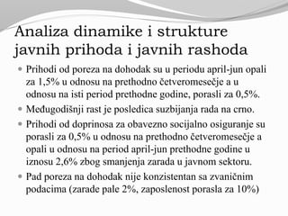Analiza dinamike i strukture
javnih prihoda i javnih rashoda
 Prihodi od poreza na dohodak su u periodu april-jun opali
za 1,5% u odnosu na prethodno četveromesečje a u
odnosu na isti period prethodne godine, porasli za 0,5%.
 Međugodišnji rast je posledica suzbijanja rada na crno.
 Prihodi od doprinosa za obavezno socijalno osiguranje su
porasli za 0,5% u odnosu na prethodno četveromesečje a
opali u odnosu na period april-jun prethodne godine u
iznosu 2,6% zbog smanjenja zarada u javnom sektoru.
 Pad poreza na dohodak nije konzistentan sa zvaničnim
podacima (zarade pale 2%, zaposlenost porasla za 10%)
 