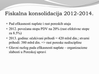 Fiskalna konsolidacija 2012-2014.
 Pad efikasnosti naplate i rast poreskih utaja
 2012. povećana stopa PDV na 20% (rast efektivne stope
za 8.5%)
 2013. godina: očekivani prihodi = 420 mlrd din.; stvarni
prihodi: 380 mlrd din. => rast poreske nediscipline
 Glavni razlog pada efikasnosti naplate – organizacione
slabosti u Poreskoj upravi
 