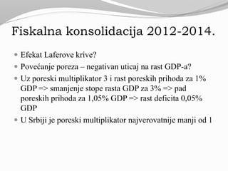 Fiskalna konsolidacija 2012-2014.
 Efekat Laferove krive?
 Povećanje poreza – negativan uticaj na rast GDP-a?
 Uz poreski multiplikator 3 i rast poreskih prihoda za 1%
GDP => smanjenje stope rasta GDP za 3% => pad
poreskih prihoda za 1,05% GDP => rast deficita 0,05%
GDP
 U Srbiji je poreski multiplikator najverovatnije manji od 1
 