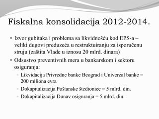 Fiskalna konsolidacija 2012-2014.
 Izvor gubitaka i problema sa likvidnošću kod EPS-a –
veliki dugovi preduzeća u restruktuiranju za isporučenu
struju (zaštita Vlade u iznosu 20 mlrd. dinara)
 Odsustvo preventivnih mera u bankarskom i sektoru
osiguranja:
 Likvidacija Privredne banke Beograd i Univerzal banke =
200 miliona evra
 Dokapitalizacija Poštanske štedionice = 5 mlrd. din.
 Dokapitalizacija Dunav osiguranja = 5 mlrd. din.
 
