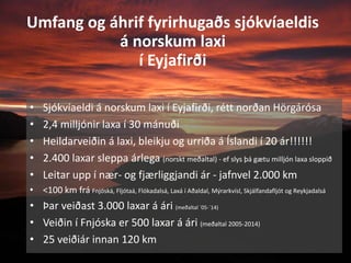 27.4.20152015©erlendursteinar@gmail.com 2
Umfang og áhrif fyrirhugaðs sjókvíaeldis
á norskum laxi
í Eyjafirði
• Sjókvíaeldi á norskum laxi í Eyjafirði, rétt norðan Hörgárósa
• 2,4 milljónir laxa í 30 mánuði
• Heildarveiðin á laxi, bleikju og urriða á Íslandi í 20 ár!!!!!!
• 2.400 laxar sleppa árlega (norskt meðaltal) - ef slys þá gætu milljón laxa sloppið
• Leitar upp í nær- og fjærliggjandi ár - jafnvel 2.000 km
• <100 km frá Fnjóská, Fljótaá, Flókadalsá, Laxá í Aðaldal, Mýrarkvísl, Skjálfandafljót og Reykjadalsá
• Þar veiðast 3.000 laxar á ári (meðaltal ´05-´14)
• Veiðin í Fnjóska er 500 laxar á ári (meðaltal 2005-2014)
• 25 veiðiár innan 120 km
 