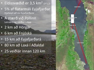27.4.20152015©erlendursteinar@gmail.com 3
• Eldissvæðið er 3,5 km2 (3*1,2)
• 5% af flatarmáli Eyjafjarðar
Hjalteyri að ósi Eyjafjarðarár
• Á stærð við Pollinn
Leirubrú og norður í slipp
• 2 km að Hörgár
• 6 km að Fnjóská
• 15 km að Eyjafjarðará
• 80 km að Laxá í Aðaldal
• 25 veiðiár innan 120 km
 