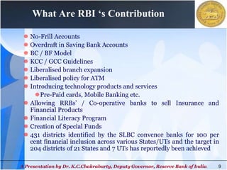 9
What Are RBI ‘s Contribution
 No-Frill Accounts
 Overdraft in Saving Bank Accounts
 BC / BF Model
 KCC / GCC Guideli...