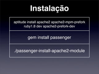 Instalação
aptitude install apache2 apache2­mpm­prefork 
       ruby1.8 dev apache2­prefork­dev


        gem install passenger


./passenger­install­apache2­module


          cd /var/www ; rails .
 