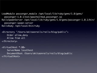 LoadModule passenger_module /opt/local/lib/ruby/gems/1.8/gems/
  passenger-1.0.1/ext/apache2/mod_passenger.so
RailsSpawnServer /opt/local/lib/ruby/gems/1.8/gems/passenger-1.0.1/bin/
  passenger-spawn-server
RailsRuby /opt/local/bin/ruby

<Directory "/Users/akitaonrails/rails/blog/public">
    Order allow,deny
    Allow from all
</Directory>

<VirtualHost *:80>
    ServerName localhost
    DocumentRoot /Users/akitaonrails/rails/blog/public
</VirtualHost>
 