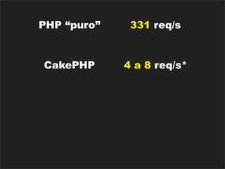 PHP “puro”       331 req/s


 CakePHP        4 a 8 req/s*


Code Igniter   22 a 98 req/s*


Rails (2008)     88 req/s
 