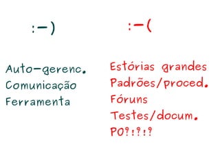 :-)           :-(


Auto-gerenc.   Estórias grandes
Comunicação    Padrões/proced.
Ferramenta     Fóruns
               Testes/docum.
               PO?!?!?
 