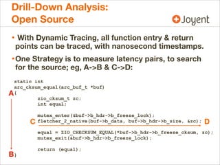 Drill-Down Analysis:
Open Source
• With Dynamic Tracing, all function entry & return

points can be traced, with nanosecond timestamps.

• One Strategy is to measure latency pairs, to search
for the source; eg, A->B & C->D:

static int
arc_cksum_equal(arc_buf_t *buf)
A{
zio_cksum_t zc;
int equal;

C

mutex_enter(&buf->b_hdr->b_freeze_lock);
fletcher_2_native(buf->b_data, buf->b_hdr->b_size, &zc);

D

equal = ZIO_CHECKSUM_EQUAL(*buf->b_hdr->b_freeze_cksum, zc);
mutex_exit(&buf->b_hdr->b_freeze_lock);

B}

return (equal);

 
