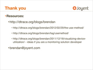 Thank you
• Resources:
• http://dtrace.org/blogs/brendan
• http://dtrace.org/blogs/brendan/2012/02/29/the-use-method/
• http://dtrace.org/blogs/brendan/tag/usemethod/
• http://dtrace.org/blogs/brendan/2011/12/18/visualizing-deviceutilization/ - ideas if you are a monitoring solution developer

• brendan@joyent.com

 