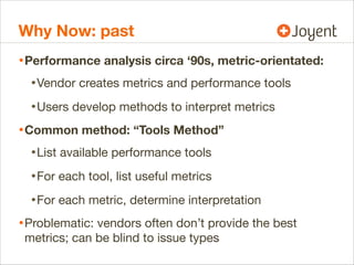 Why Now: past
• Performance analysis circa ‘90s, metric-orientated:
• Vendor creates metrics and performance tools
• Users...