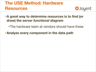 The USE Method: Hardware
Resources
• A great way to determine resources is to ﬁnd (or
draw) the server functional diagram
...