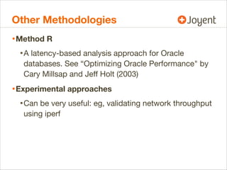 Other Methodologies
• Method R
• A latency-based analysis approach for Oracle
databases. See “Optimizing Oracle Performanc...