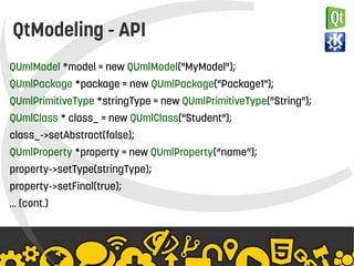    
QtModeling - API
QUmlModel *model = new QUmlModel("MyModel");
QUmlPackage *package = new QUmlPackage("Package1");
QUmlPrimitiveType *stringType = new QUmlPrimitiveType("String");
QUmlClass * class_ = new QUmlClass("Student");
class_->setAbstract(false);
QUmlProperty *property = new QUmlProperty(“name”);
property->setType(stringType);
property->setFinal(true);
… (cont.)
 